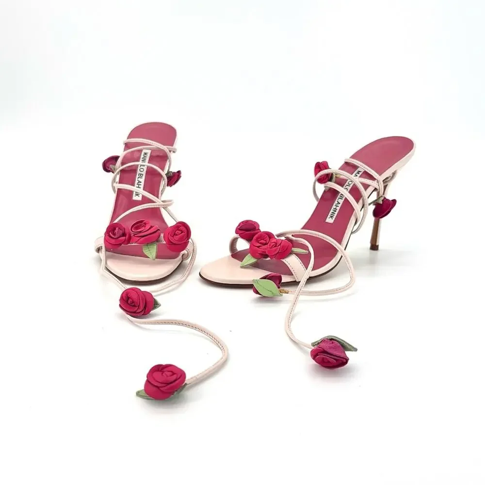 Manolo Blahnik Spring 2016 Xafiore Rose Ankle Strap Sandals 37 - Picture 1 of 14